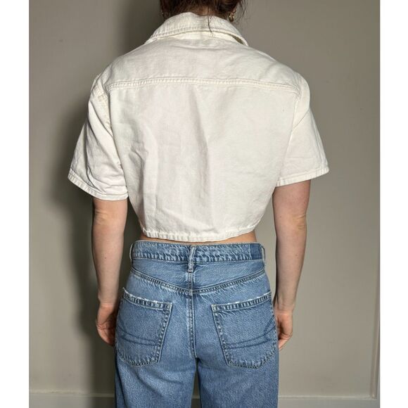 Zara White Denim Short Sleeve Cropped Button Up Size Medium - Picture 3 of 4